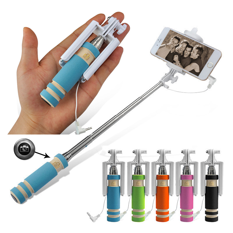 Portable pocket-size foldable wired selfie stick sport style monopod for iPhone samsung smart phones