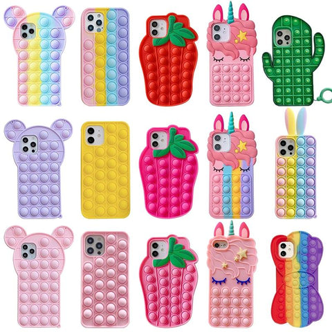 Image of Relive Stress Pop Fidget Toys Push It Bubble Phone Case For iphone 11 12 Pro Max 6 6S 7 8 Plus X XR XS 3D Cartoon Silicone Cover