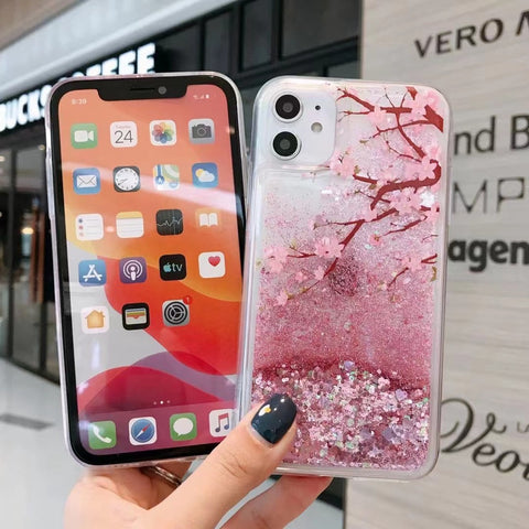 Image of Shining Casing for Samsung A10S A12 A20 A30 A21S A31 A50 A51 A52 A70 A71 A81 A91 Cute peach flower glossy quicksand phone case pink flowing flowerings for woman kids