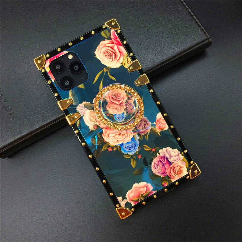 Luxury Gold Plating Floral Laser Flower Square Cover For iPhones