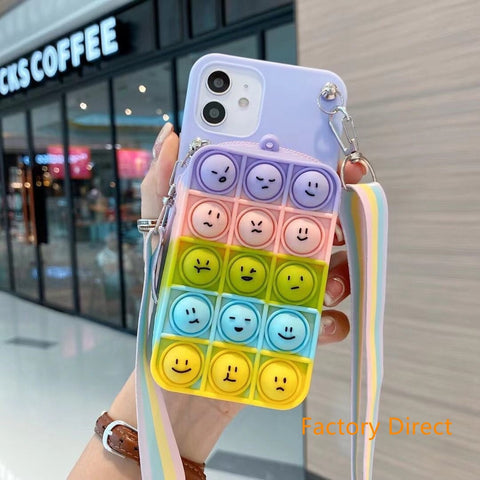 Image of Samsung A11 21S  A31 A71 phone case GalaxyA5 A6 A9 A10S A20S A12 A22 A32 A42 A52 emoji face phone case apple 12 mini 11 pro max GO POP IT case with card wallet change purchase key card bag with cross body strap back cover