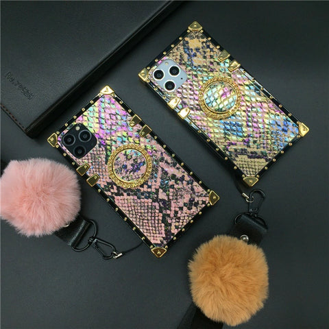 Image of Samsung Note 20 Ultra S10 S20 Plus S21 Ultra S8 S9 9 8 10 A51 A71 A20S A50 A70 Fashion Snake skin Square Phone Cover Case with strap lanyard