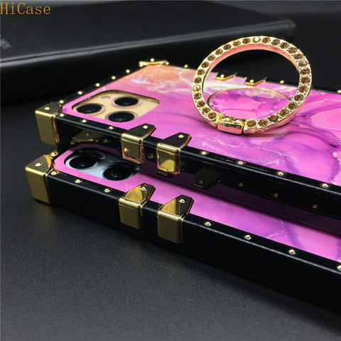 Image of Colorful Laser Glitter Pink Marble Soft Silicone Square Cover for iPhones