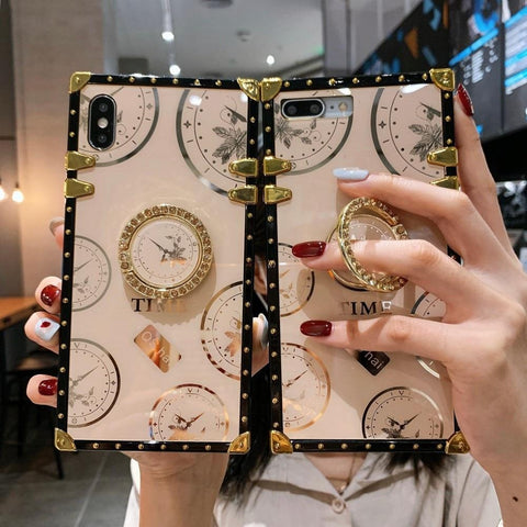 Image of Luxury Time Pattern Square Phone Case for Samsung A10 A20 A30 A50 A70 A12 A10S A20S A71 A01 A41 Coque Bling Ring Holder Cover