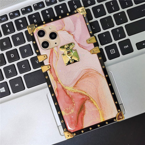 Image of Fashion Colorful Glitter Marble Stone Square Gold Cover for iPhone