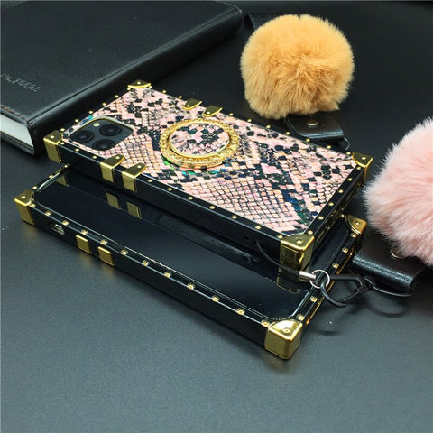 Image of Samsung Note 20 Ultra S10 S20 Plus S21 Ultra S8 S9 9 8 10 A51 A71 A20S A50 A70 Fashion Snake skin Square Phone Cover Case with strap lanyard