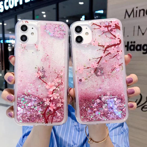 Image of Shining Casing for Samsung A10S A12 A20 A30 A21S A31 A50 A51 A52 A70 A71 A81 A91 Cute peach flower glossy quicksand phone case pink flowing flowerings for woman kids