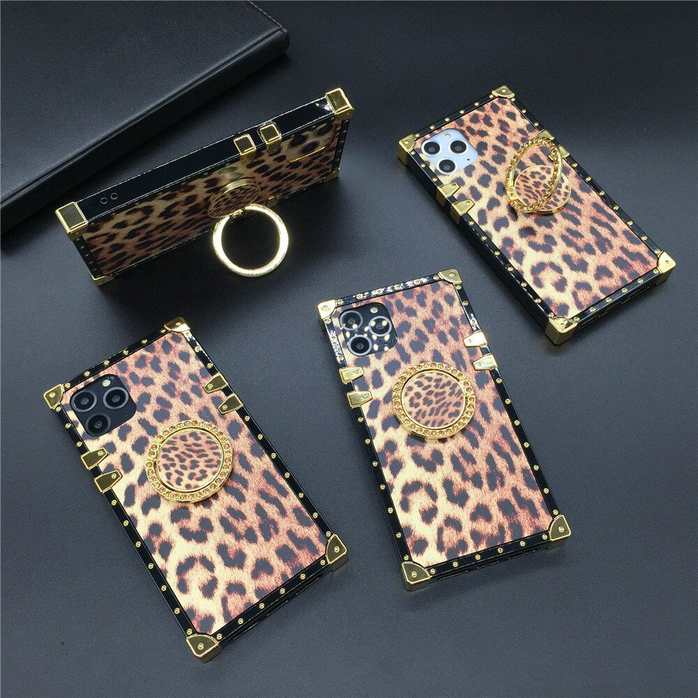 Square Luxury Glitter Fashion Leopard Print Cover Case for iPhone models