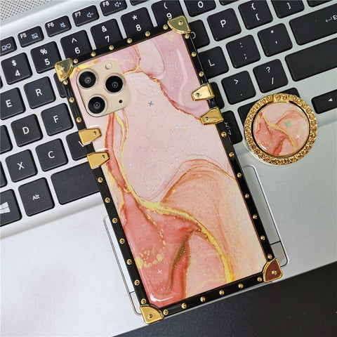 Image of Fashion Colorful Glitter Marble Stone Square Gold Cover for iPhone
