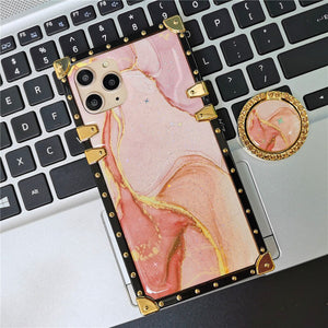 Fashion Colorful Glitter Marble Stone Square Gold Cover for iPhone