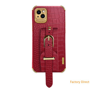 New iPhone14 13 pro max 12 Mini 11 Crocodile leather case with wrist strap