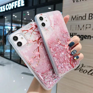 Shining Casing for Samsung A10S A12 A20 A30 A21S A31 A50 A51 A52 A70 A71 A81 A91 Cute peach flower glossy quicksand phone case pink flowing flowerings for woman kids