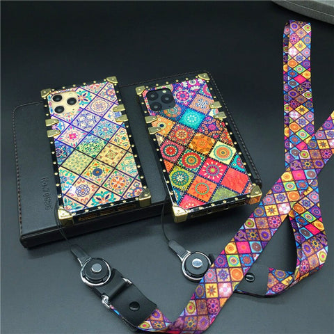 Image of iPhone XS Max X XR Brand Vintage Flower Case For iphone 12 PRO 7 Plus 8 6S Laser Bling Square Plaid Phone Cover for iphone 11 PRO MAX